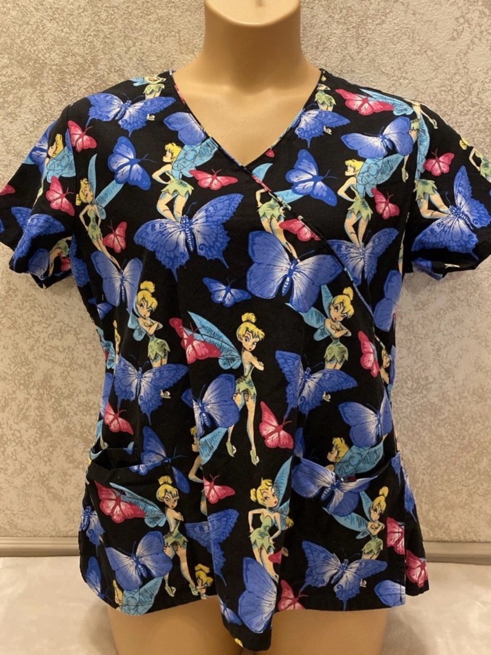Disney Black V-Neck Short Sleeve Scrub Top with Blue & Pink Butterfly Print